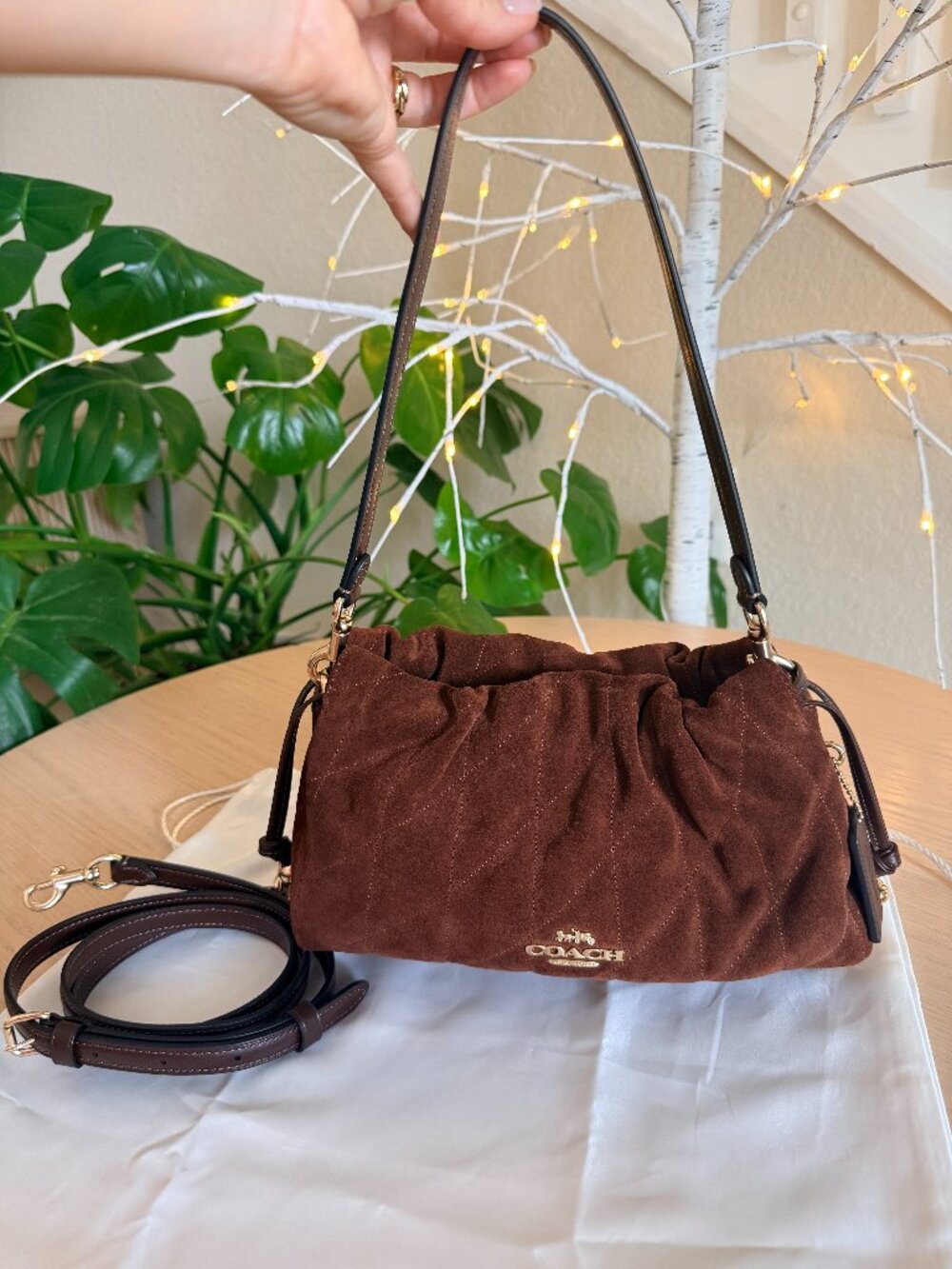 Coach Faye Quilted Suede Shoulder Bag Vintage Brown Maple